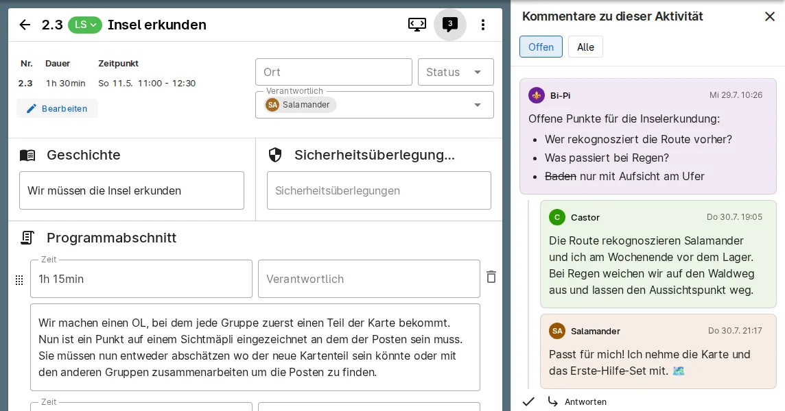 Kommentare zu einer Aktivität mit Antworten