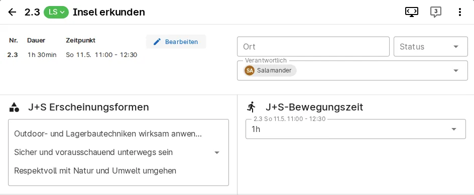 Bausteine J+S Erscheinungsformen und J+S-Bewegungszeit in einer Aktivität